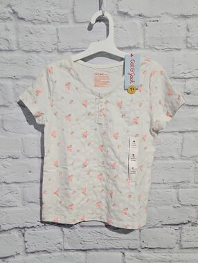 Cat & Jack White Short Sleeve Henley with Pink Floral Print